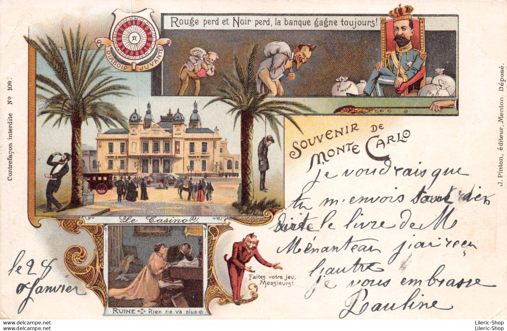 SOUVENIR DE MONTE CARLO  Rouge Perd Et Noir Perd, La Banque Gagne Toujours ! # Casino - J. PINTON, Éd. Cpa 1903 ♣♣♣ - Monte-Carlo