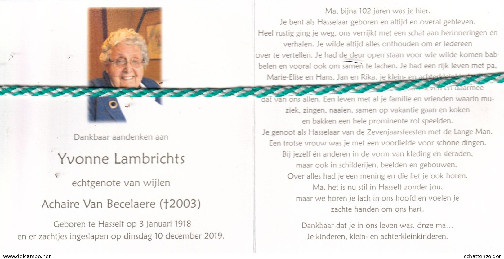 Yvonne Lambrichts-Van Becelaere, Hasselt 1918, 2019. Honderdjarige. Foto - Obituary Notices