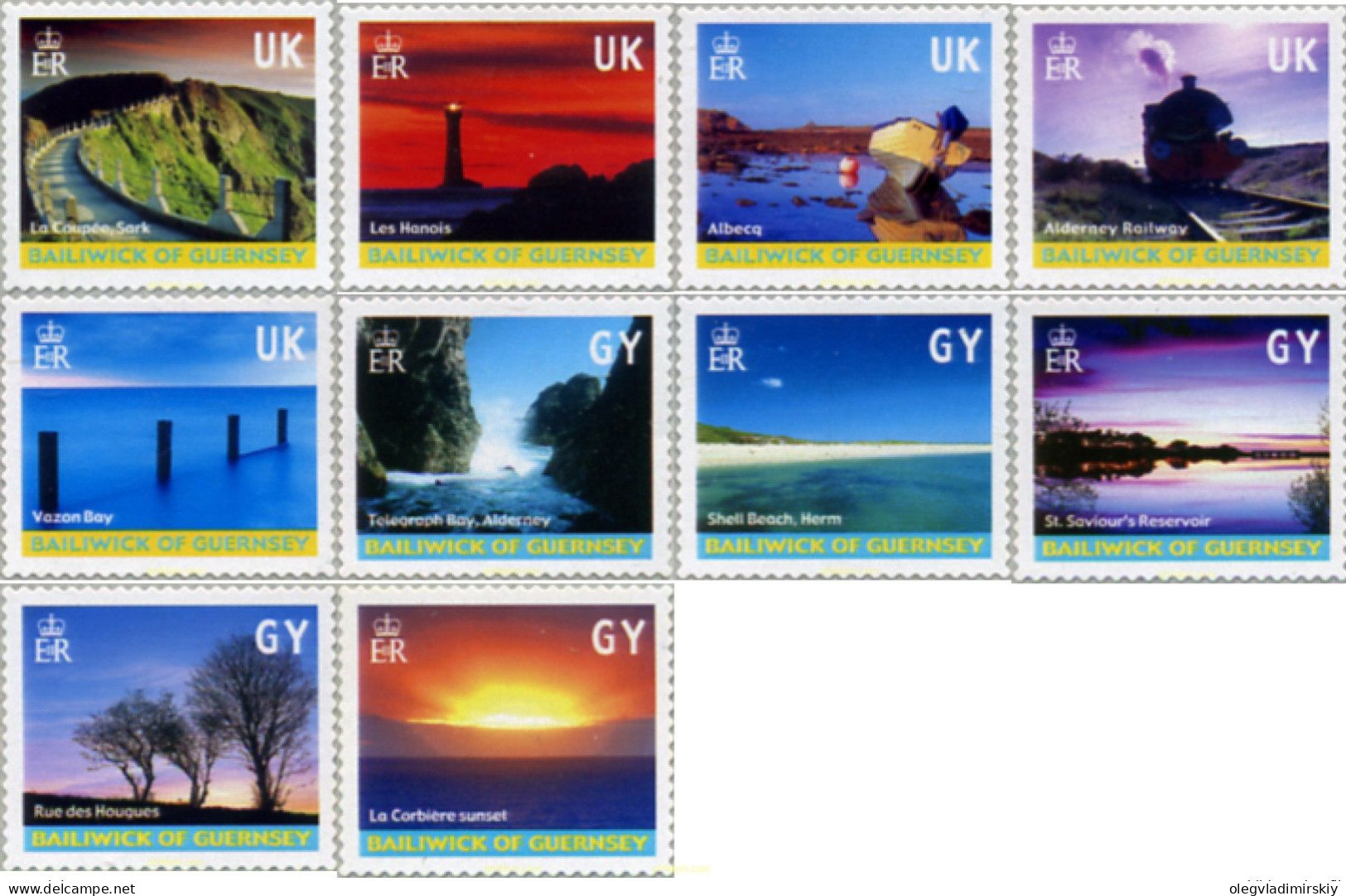 Guernsey Great Britain 2001 Landscapes Definitives Lighthouse Train Boat Set Of 10 Stamps MNH - Vuurtorens