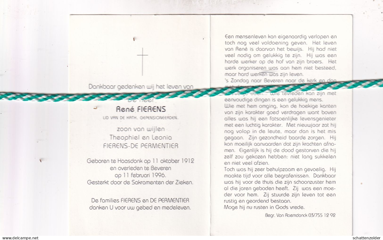 René Fierens-De Permentier, Haasdonk 1912, Beveren 1996. Foto - Obituary Notices