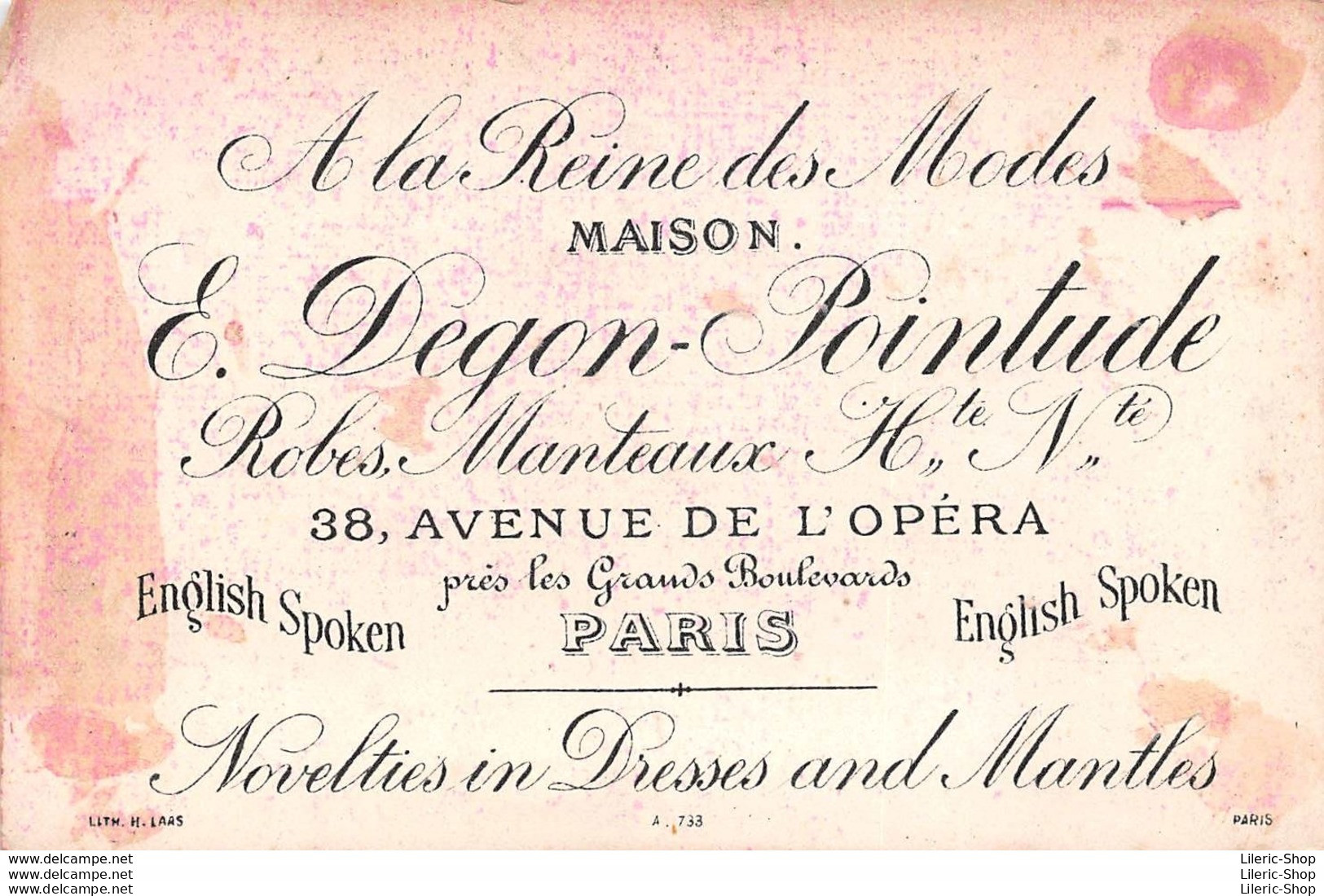 LOT DE 5 CHROMOS "À LA REINE DES MODES" MAISON E. DEGON-POINTUDE -38 AVENUE DE L'OPÉRA PARIS  ♣♣♣