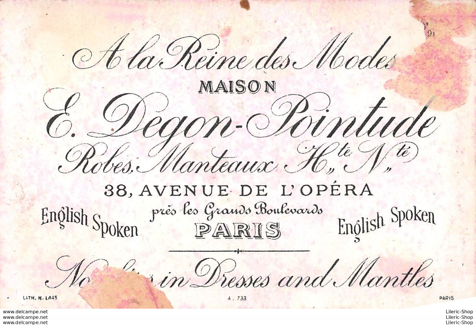 LOT DE 5 CHROMOS "À LA REINE DES MODES" MAISON E. DEGON-POINTUDE -38 AVENUE DE L'OPÉRA PARIS  ♣♣♣