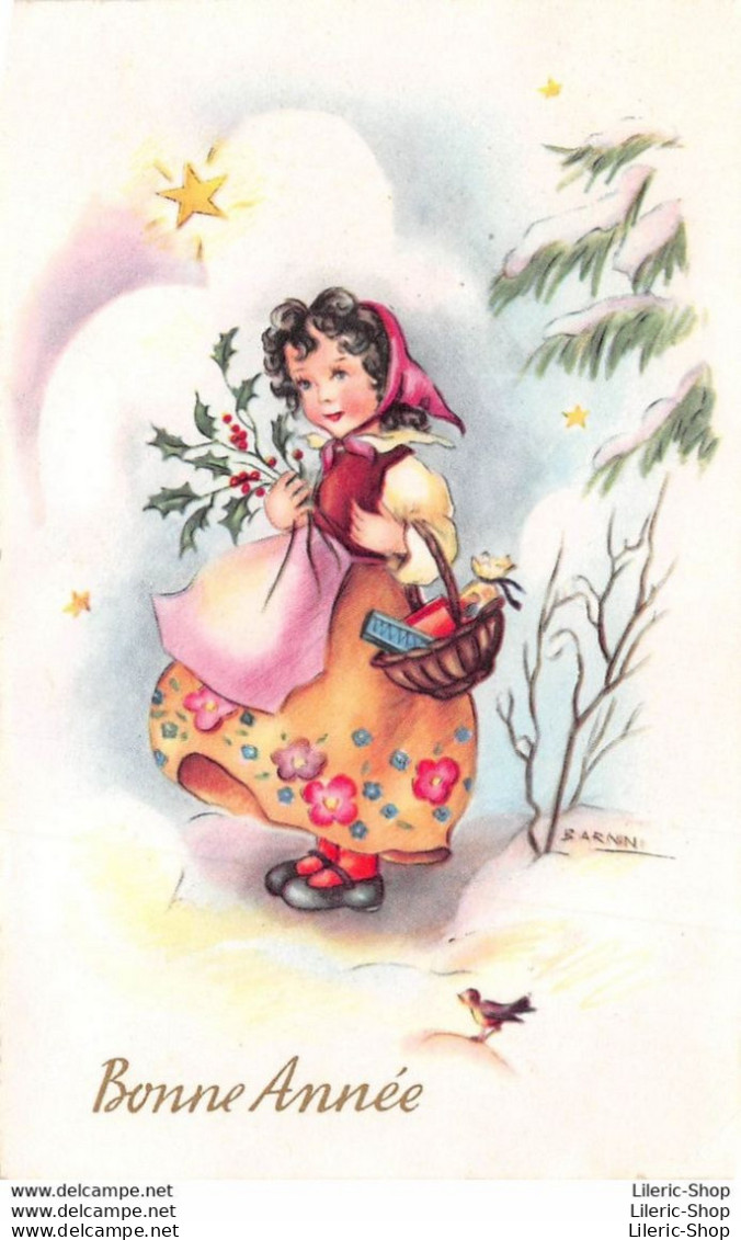Bonne Année -  Illustrateur BARNINI - Enfant Fillette Etoiles Houx Panier Cadeaux Oiseau Cpsm PF 1956 ♥♥♥ - New Year