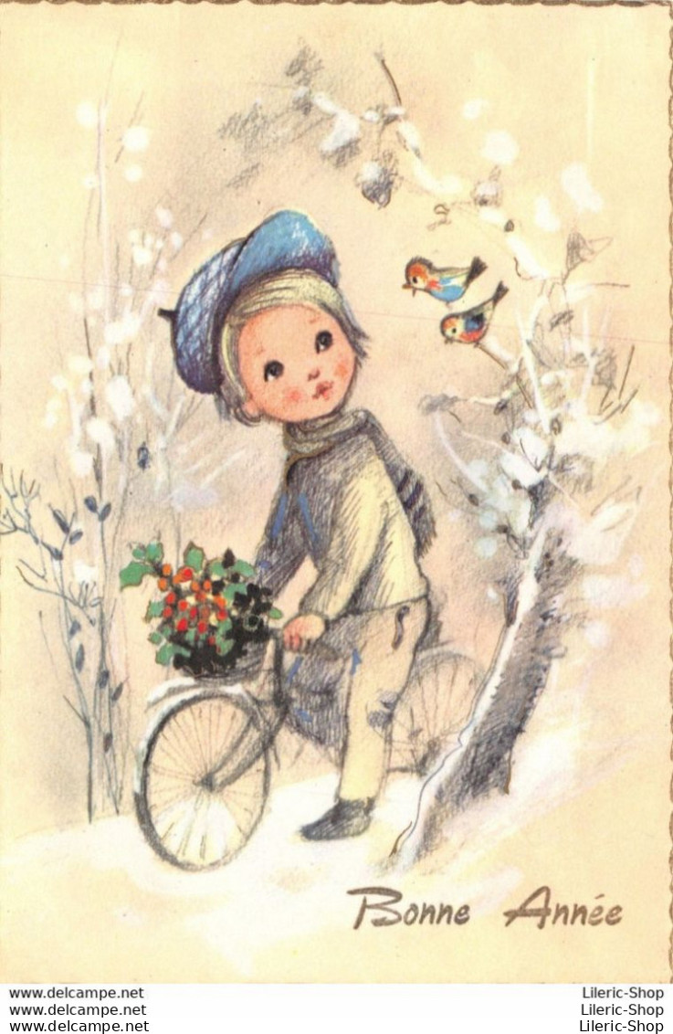 Nouvel An # Enfant # Bicyclette # Houx # Oiseaux # Dessin - "Bonne Année" Cpm GF 1971 Timbre Belge ♥♥♥ - Neujahr