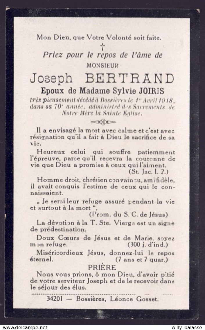 +++ Image Religieuse - Image Pieuse - Décès - BERTRAND - Joiris - BOSSIERES  1848 - 1918  // - Andachtsbilder