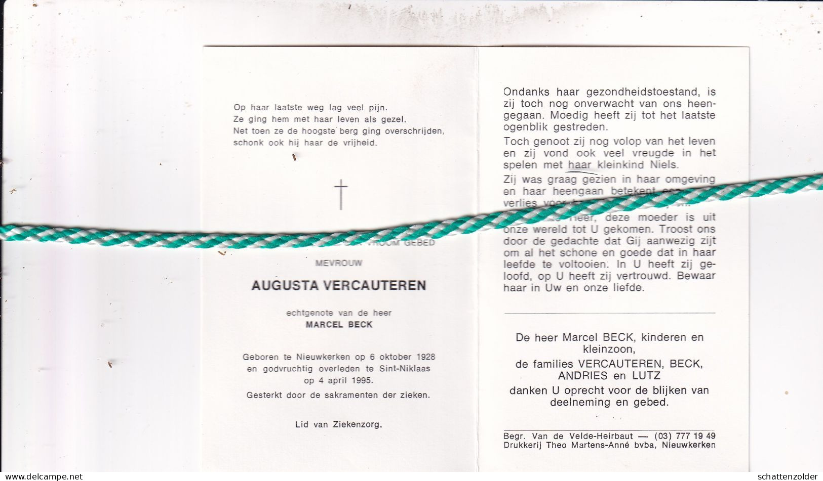 Augusta Vercauteren-Beck, Nieuwkerken 1928, Sint-Niklaas 1995 - Obituary Notices