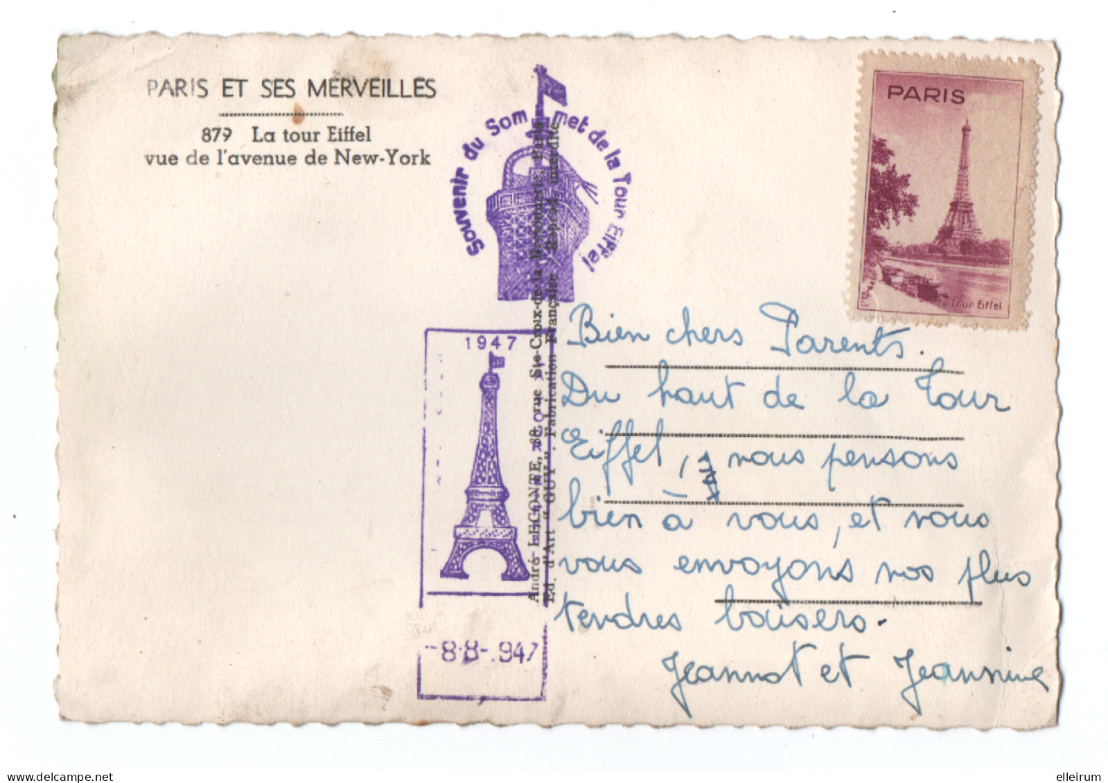 PARIS. SOUVENIR Du SOMMET De La TOUR EIFFEL. CACHET BLEU. 1947. - Tour Eiffel