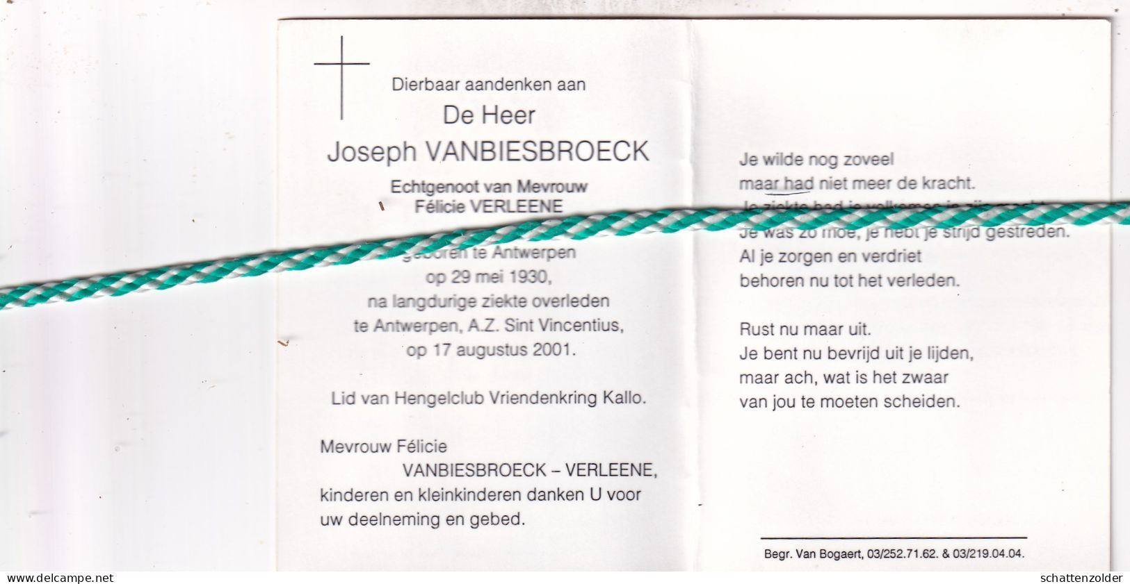 Joseph Vanbiesbroeck-Verleene, Antwerpen 1930, 2001. Foto - Todesanzeige