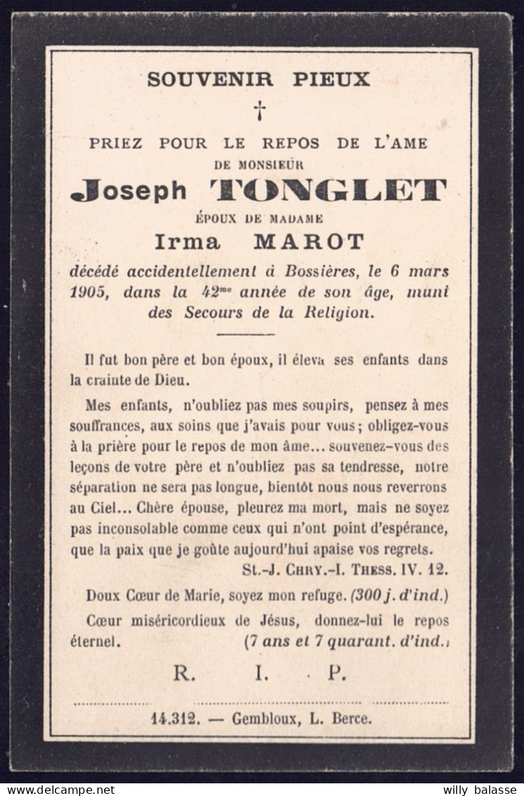 +++ Image Religieuse - Image Pieuse - Décès - TONGLET - Marot - BOSSIERES 1863 - 1905  // - Images Religieuses