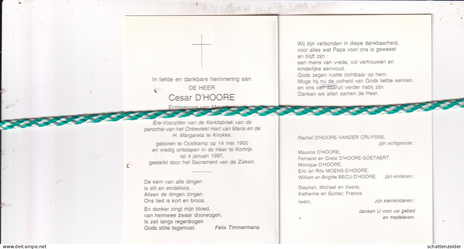 Cesar D'Hoore-Vander Cruysse, Oostkamp 1900, Kortrijk 1997. Foto - Décès