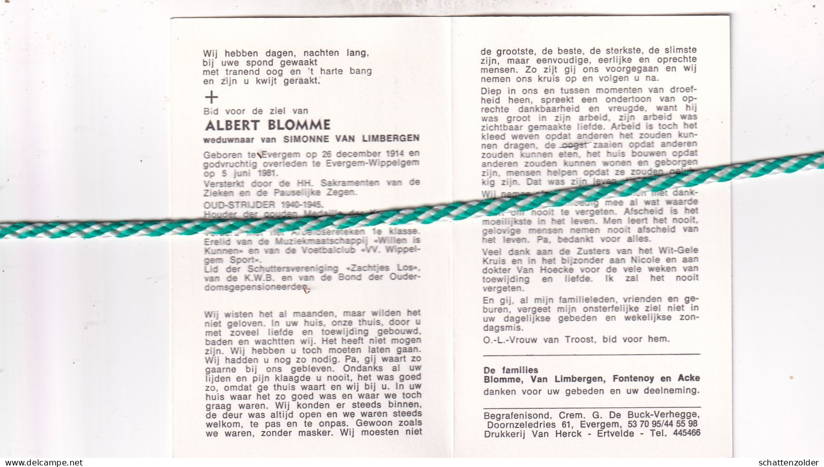 Albert Blomme-Van Limbergen, Evergem 1914, Evergem-Wippelgem 1981. Oud-strijder 40-45; Foto - Obituary Notices