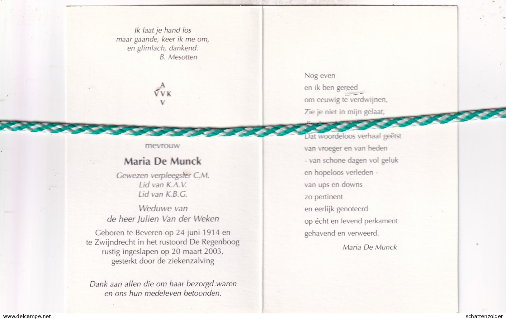 Maria De Munck-Van Der Weken, Beveren 1914, Zwijndrecht 2003. AVV VVK. Foto - Esquela