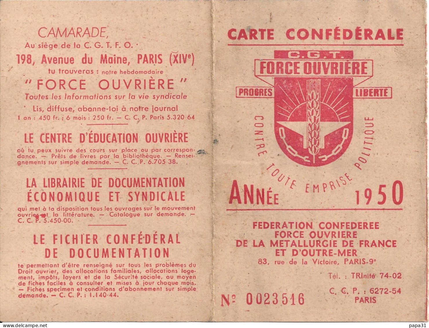CARTE CONFEDERALE  - FORCE OUVRIERE  ANNEE 1950 - Cartes De Membre