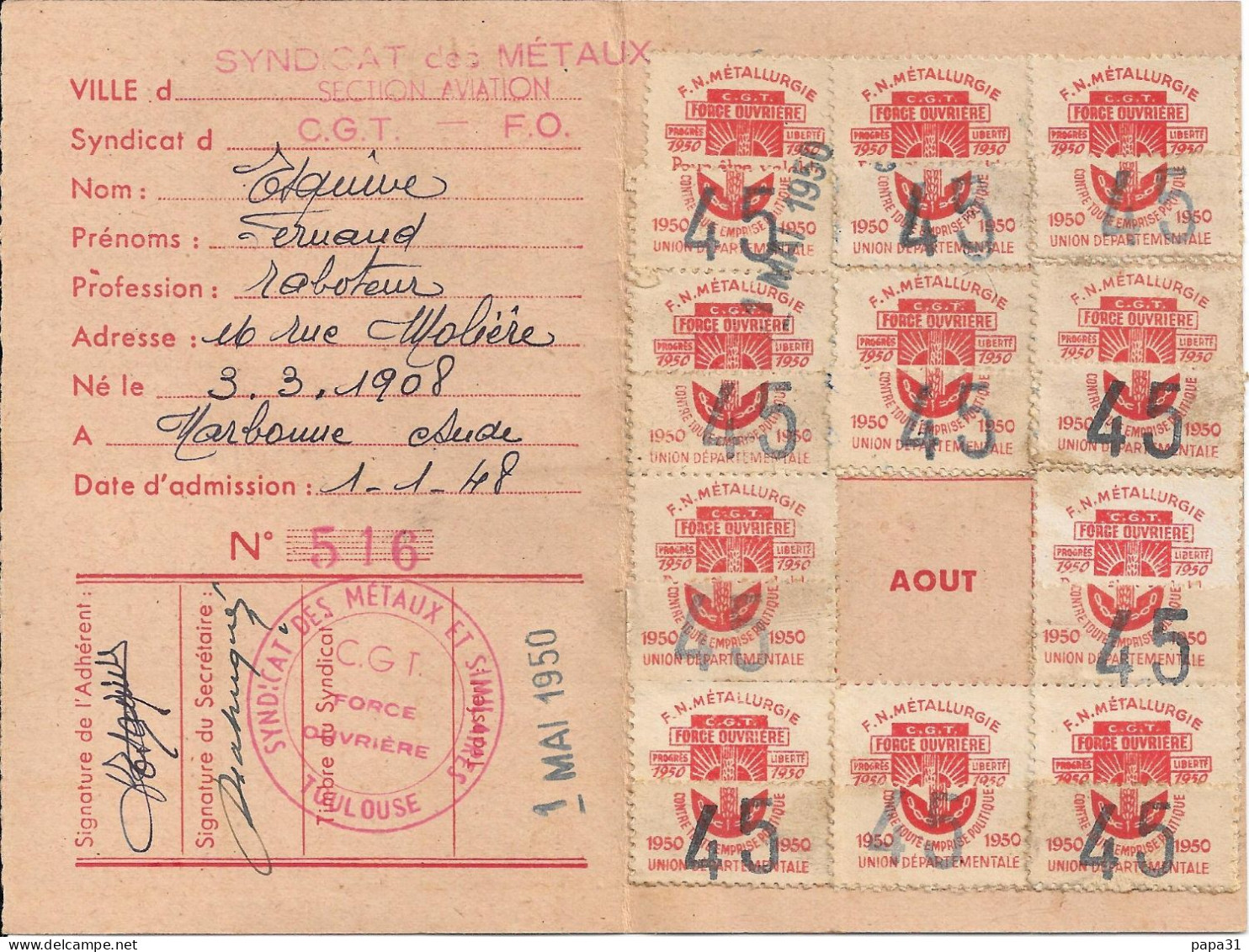 CARTE CONFEDERALE  - FORCE OUVRIERE  ANNEE 1950 - Cartes De Membre