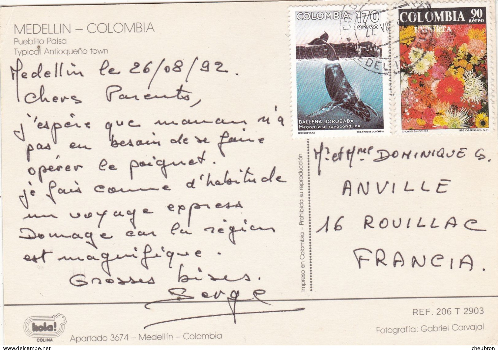COLOMBIE. MEDELLIN (ENVOYE DE).." TYPICAL ANTIOQUENO TOWN " .ANNEE 1992 + TEXTE + TIMBRES - Colombia
