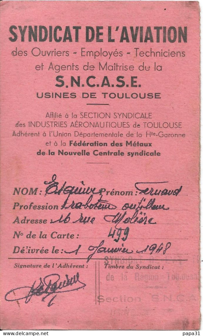 CARTE Du SYDICAT DE L'AVIATION   - USINES DE TOULOUSE - Cartes De Membre