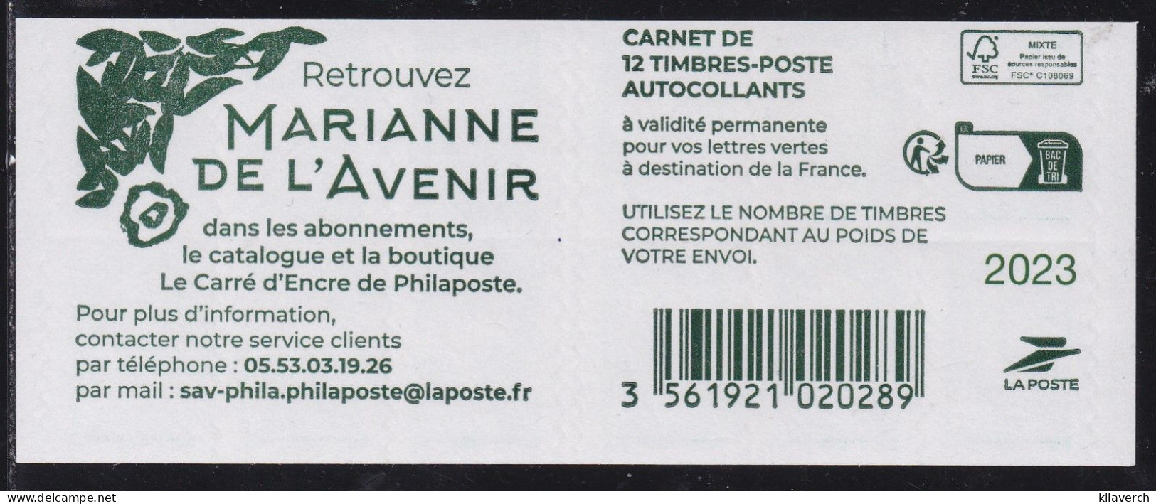 SPM 2023 - Carnet Marianne De L'Avenir (Lettre Verte) - Avec TD207 Inscrit à Gauche Du Carnet - Libretti