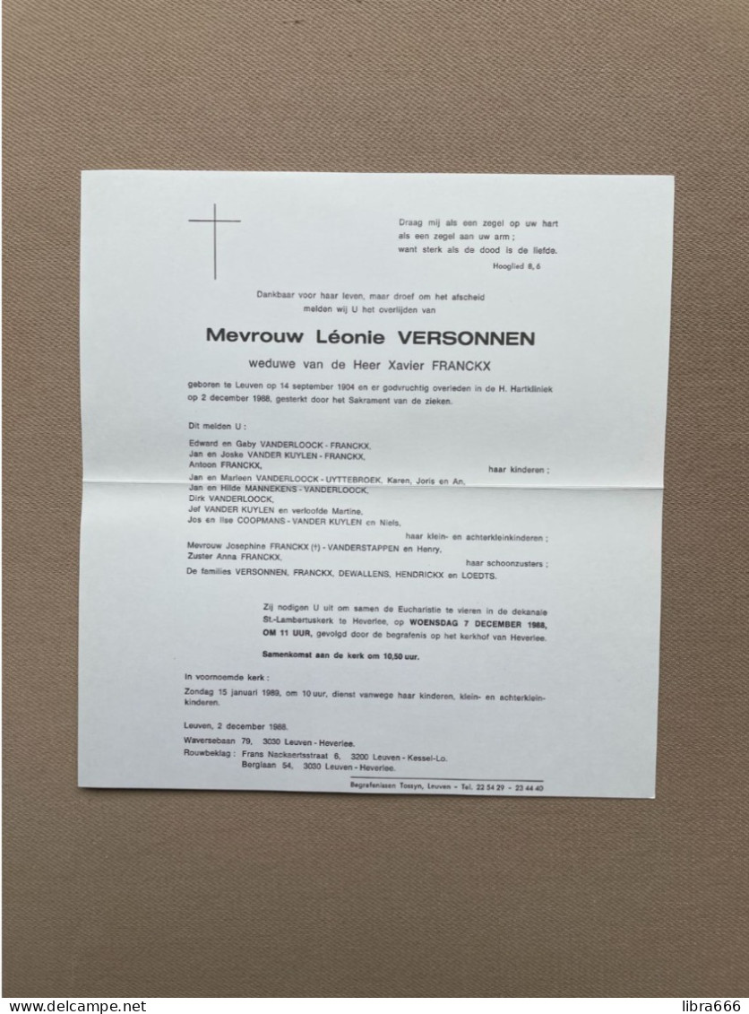 VERSONNEN Léonie °LEUVEN 1904 +LEUVEN 1988 - FRANCKX - DEWALLENS - HENDRICKX - LOEDTS - St.-Lambertus, Heverlee - Obituary Notices