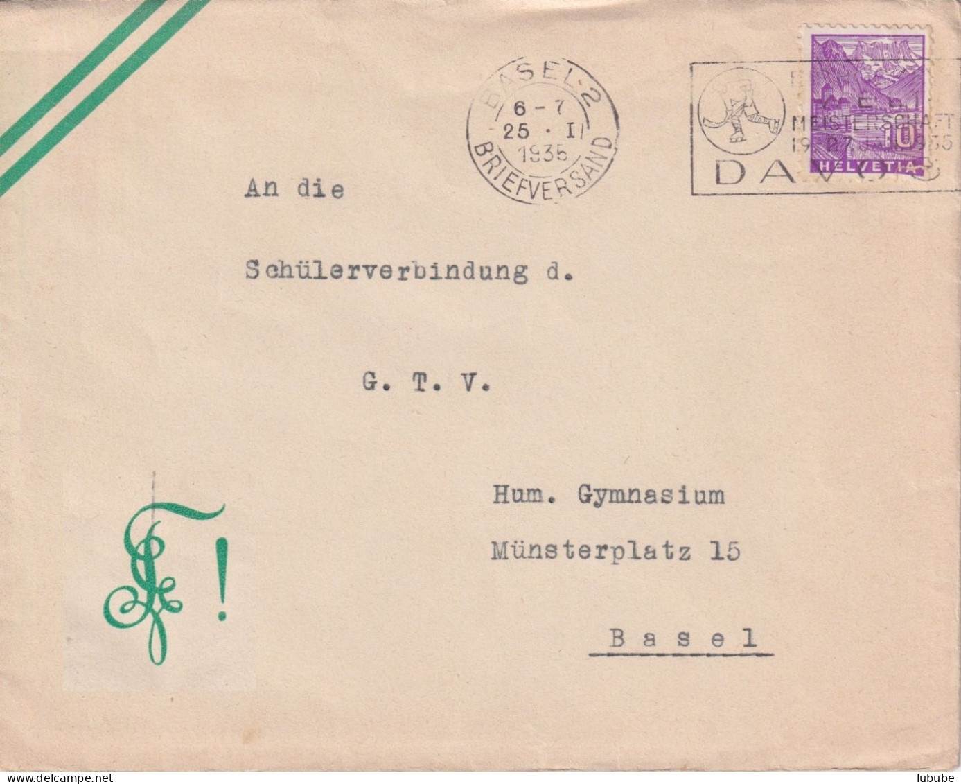 Studenten Brief  Basel   (Flagge: Eishockey WM Davos)        1935 - Lettres & Documents