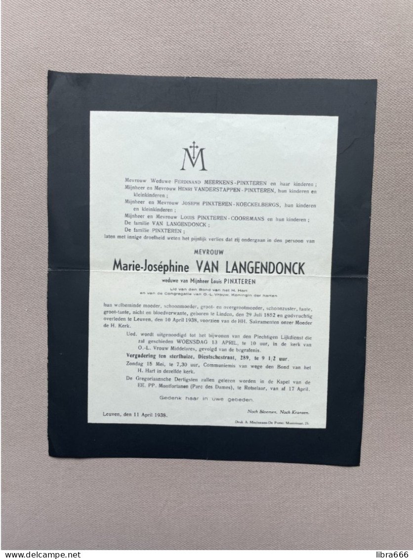 VAN LANGENDONCK Marie Joséphine °LINDEN 1852 +LEUVEN 1938 - PINXTEREN - MEERKENS - VANDERSTAPPEN - KOECKELBERGHS - Décès