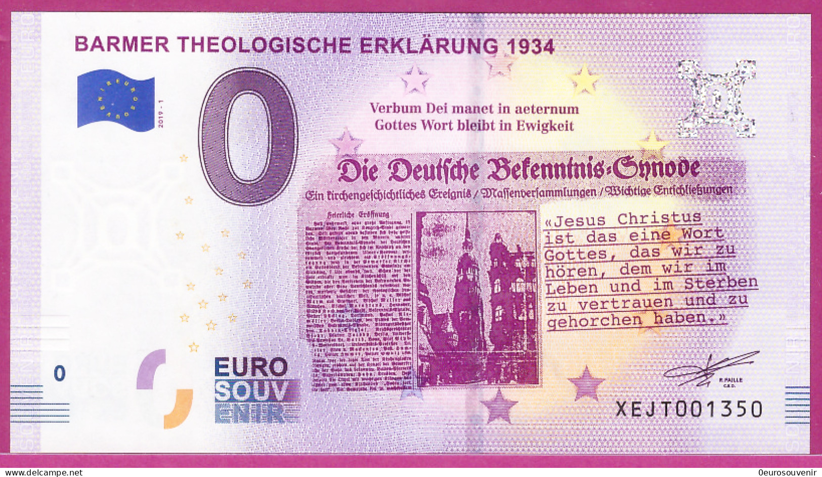 0-Euro XEJT 2019-1 BARMER THEOLOGISCHE ERKLÄRUNG 1934 - Private Proofs / Unofficial