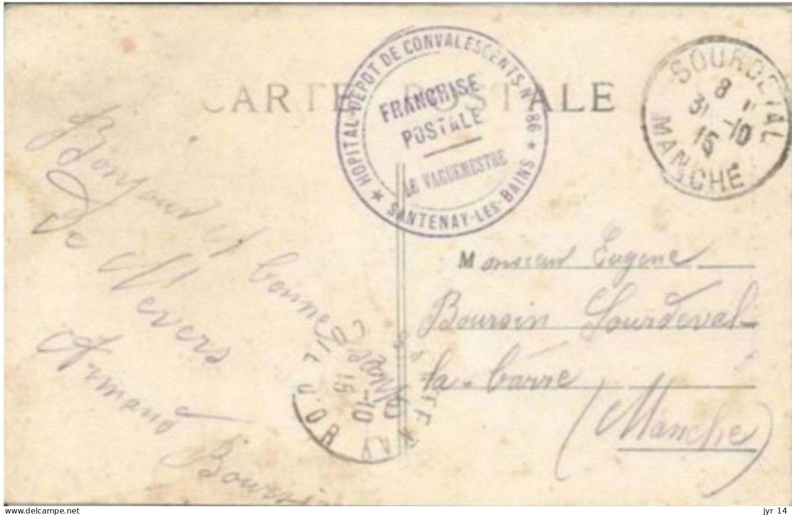 Cachet Hopital Dépôt De Convalescents N° 86  Santenay-les-Bains Côte D'Or Pour Sourdeval La Barre Manche - Guerra De 1914-18