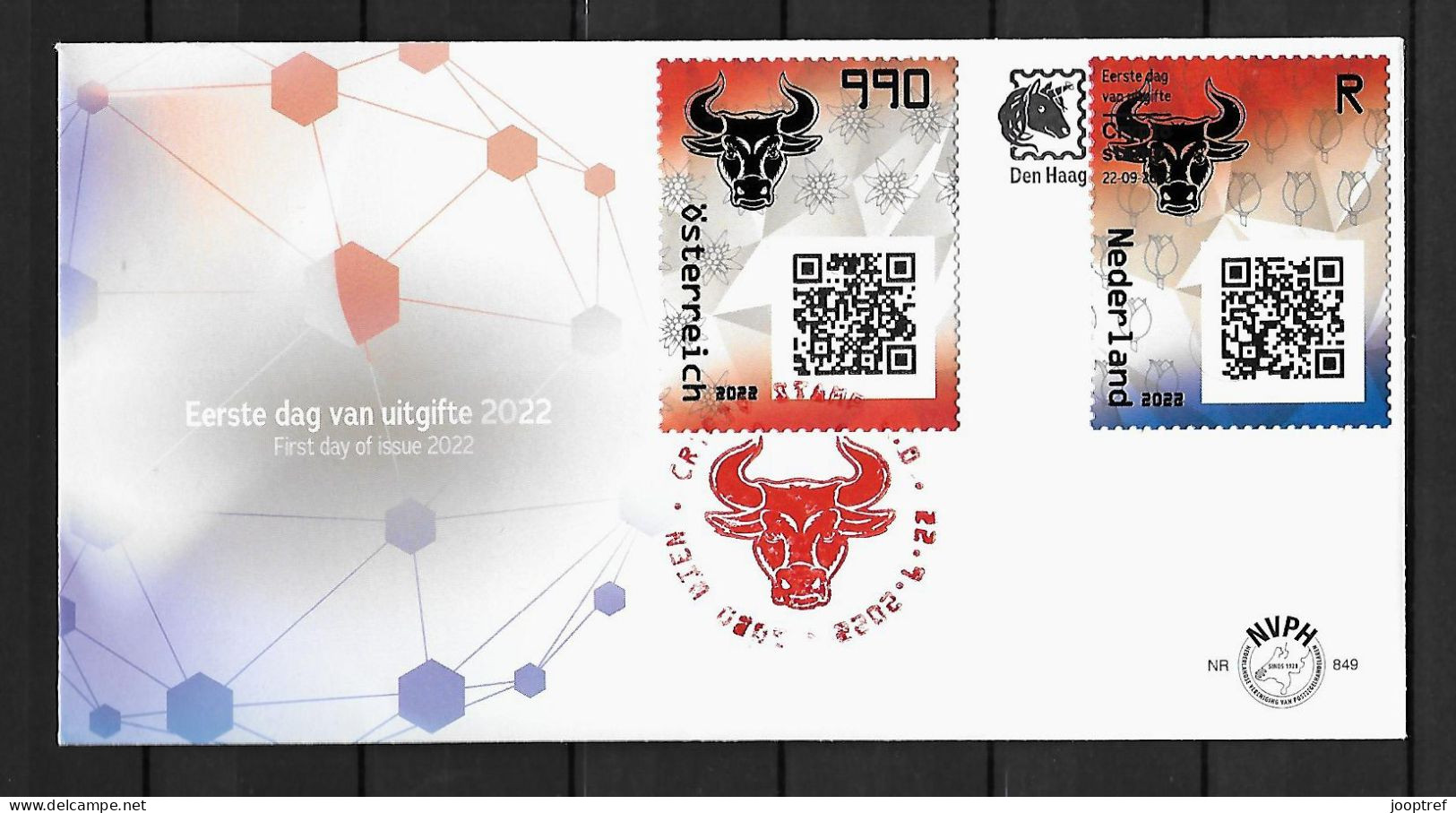 RARE 2022 Joint Netherlands And Austria, MIXED FDC WITH BOTH CRYPTO STAMPS: Bull - Gezamelijke Uitgaven