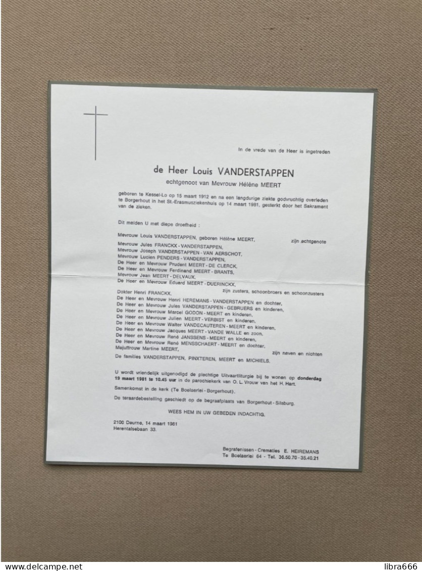 VANDERSTAPPEN Louis °KESSEL-LO 1912 +BORGERHOUT 1981 - MEERT - PINXTEREN - MICHIELS - FRANCKX - VAN AERSCHOT - PENDERS - Obituary Notices