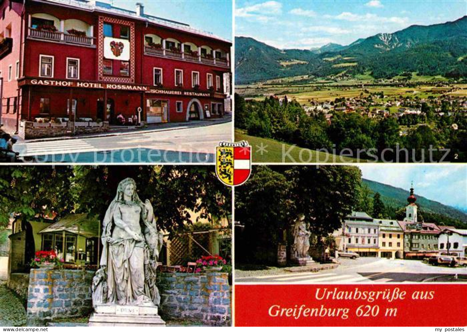 72674200 Greifenburg Gasthof Hotel Rossmann Statue Ortspartie Mit Kirche Drautal - Sonstige & Ohne Zuordnung