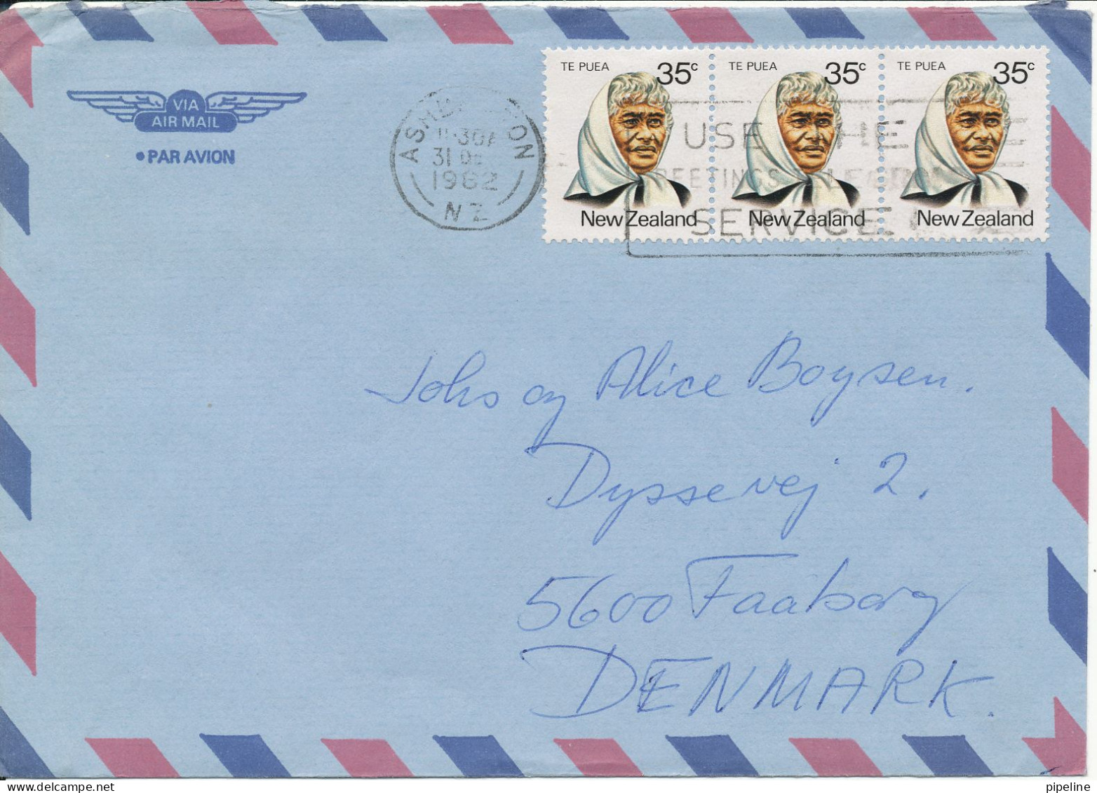 New Zealand Air Mail Cover Sent To Denmark Ashburton 31-12-1962 - Poste Aérienne