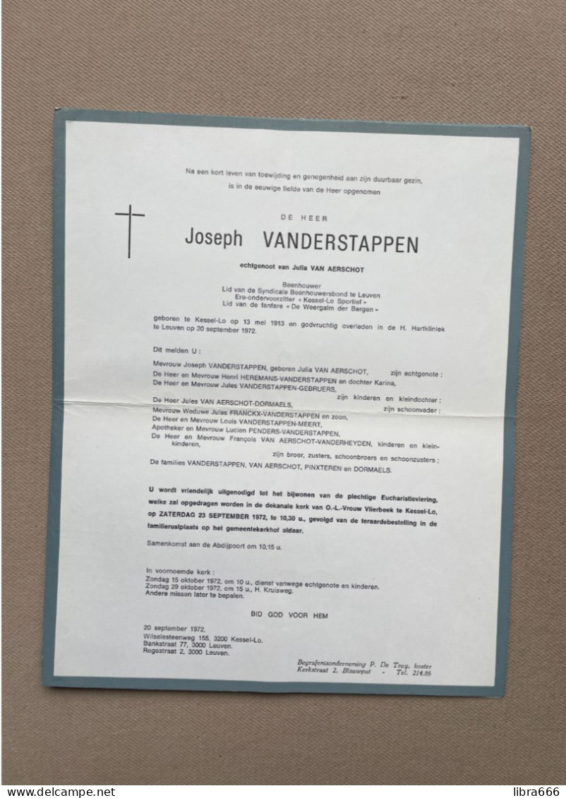 VANDERSTAPPEN Joseph °KESSEL-LO 1913 +LEUVEN 1972 VAN AERSCHOT - PINXTEREN - DORMAELS - HEREMANS - GEBREURS - Beenhouwer - Esquela