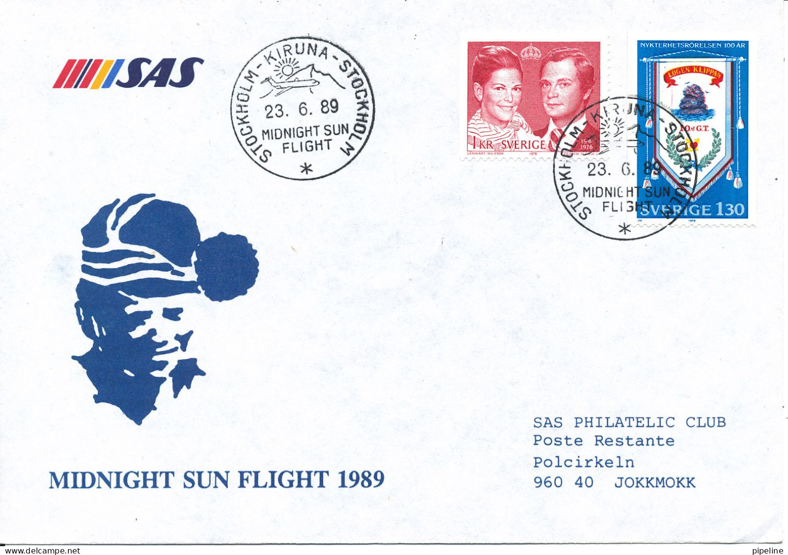 Sweden Cover SAS Midnight Sun Flight Stockholm - Kiruna - Stockholm 23-6-1989 - Cartas & Documentos