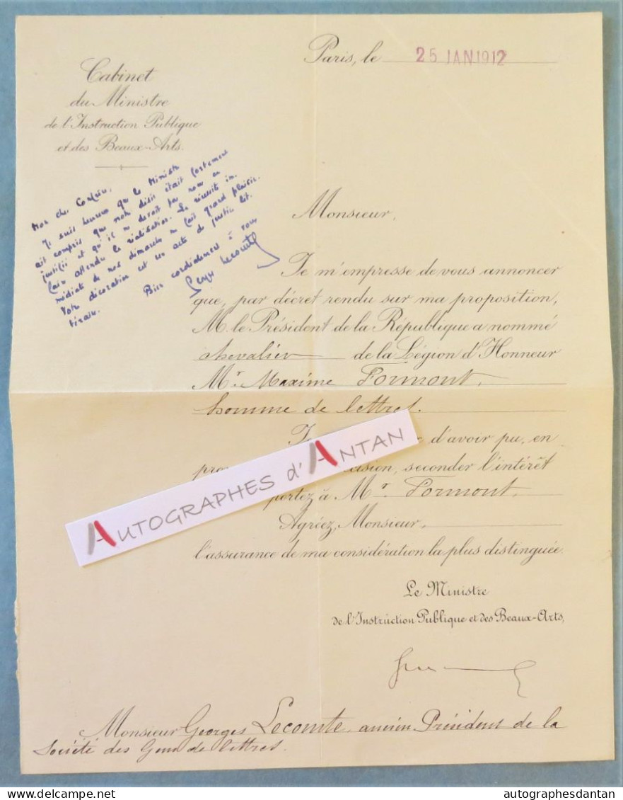 ● Gabriel GUIST'HAU + Georges LECOMTE Lettre 1912 Nomination Légion D'Honneur Maxime Formont - Autographe - SGDL - Escritores