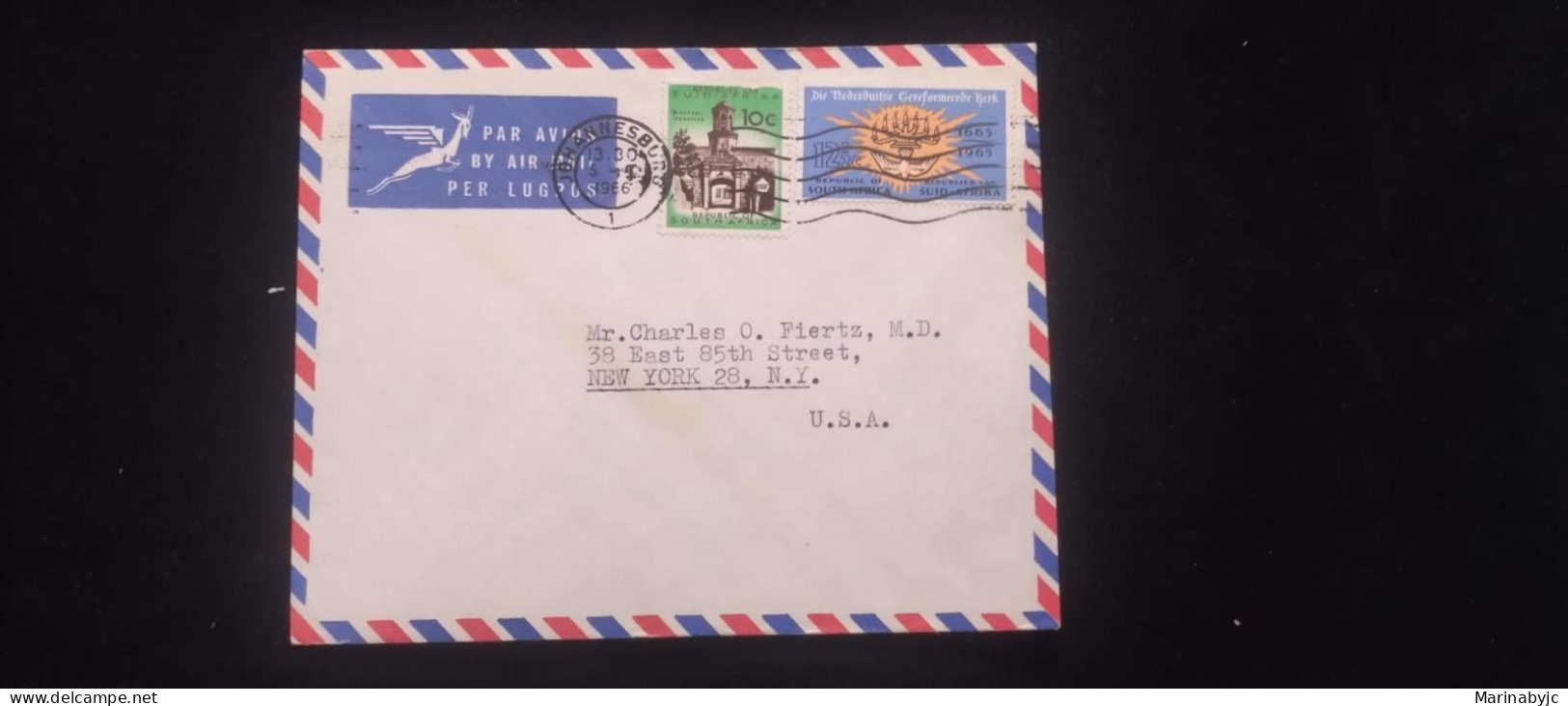C) 1966. SOUTH AFRICA. AIRMAIL ENVELOPE SENT TO USA. DOUBLE STAMP. XF - Autres - Afrique