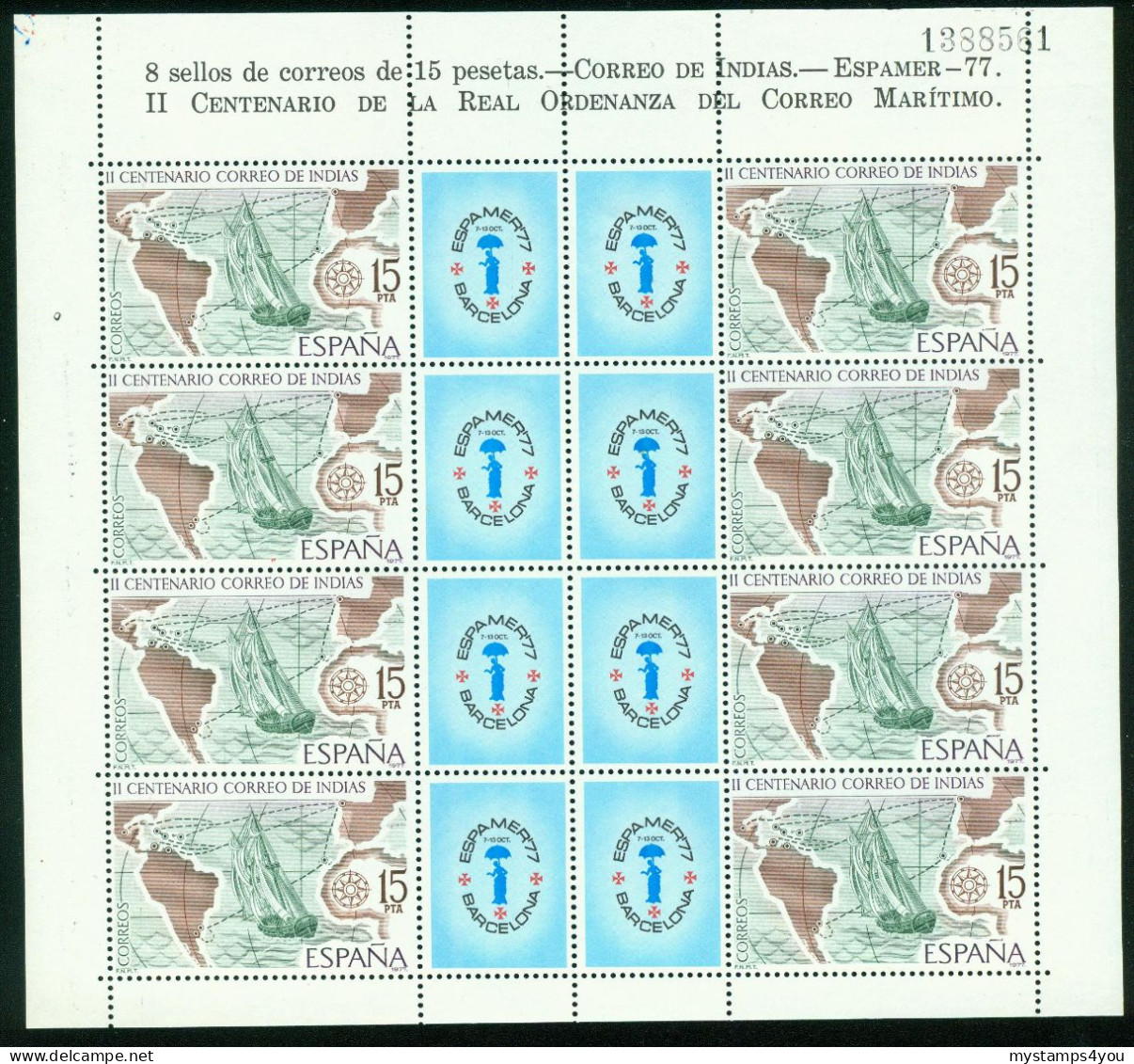 Bm Spain 1977 MiNr 2330 Kleinbogen Sheet MNH | Bicent Of Mail To The Indies. "Espamer 77" Stamp Exn Barcelona #bog-0134 - Blocks & Kleinbögen