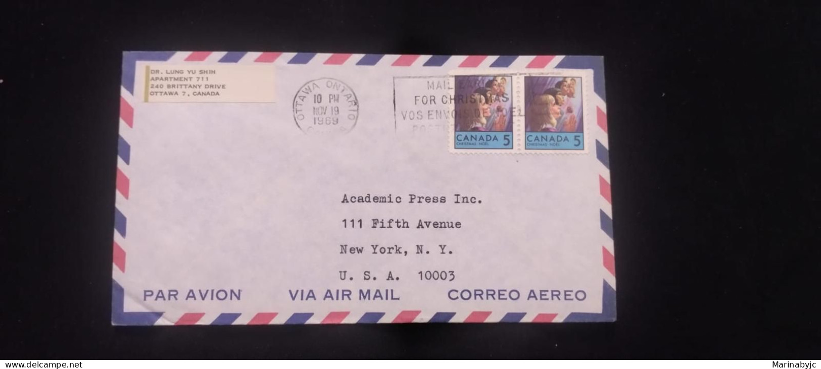 C) 1969. CANADA. AIRMAIL ENVELOPE SENT TO USA. DOUBLE STAMP. XF - Other & Unclassified