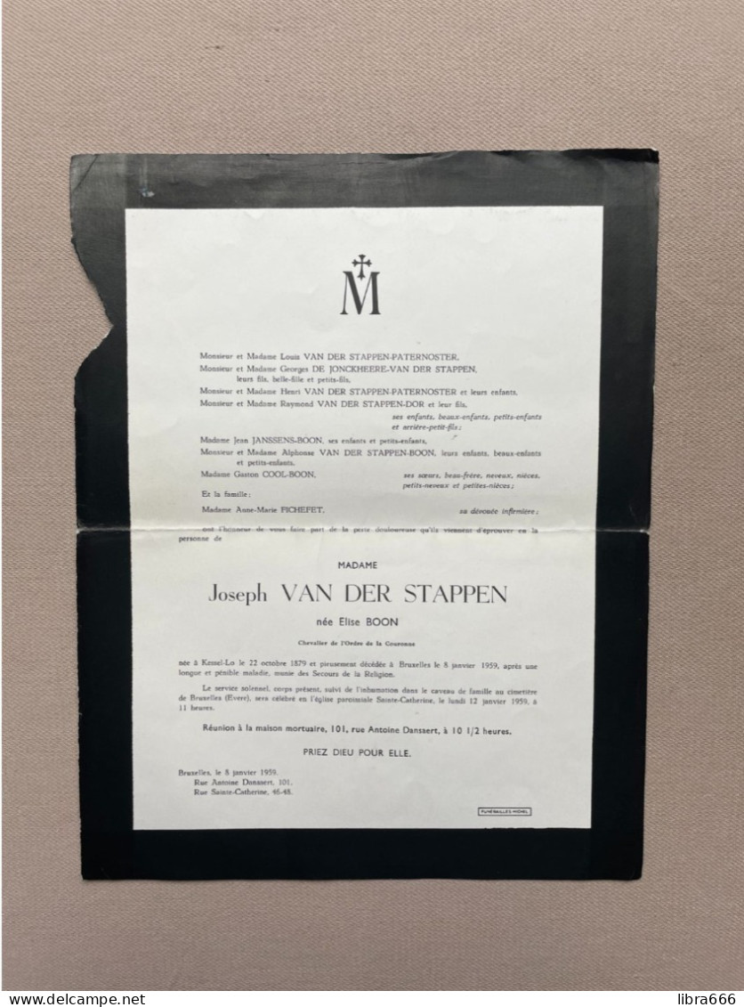 BOON Elise °KESSEL-LO 1879 +BRUXELLES 1959  VAN DER STAPPEN - PATERNOSTER - DE JONCKHEERE - DOR - JANSSENS - BOON - COOL - Décès