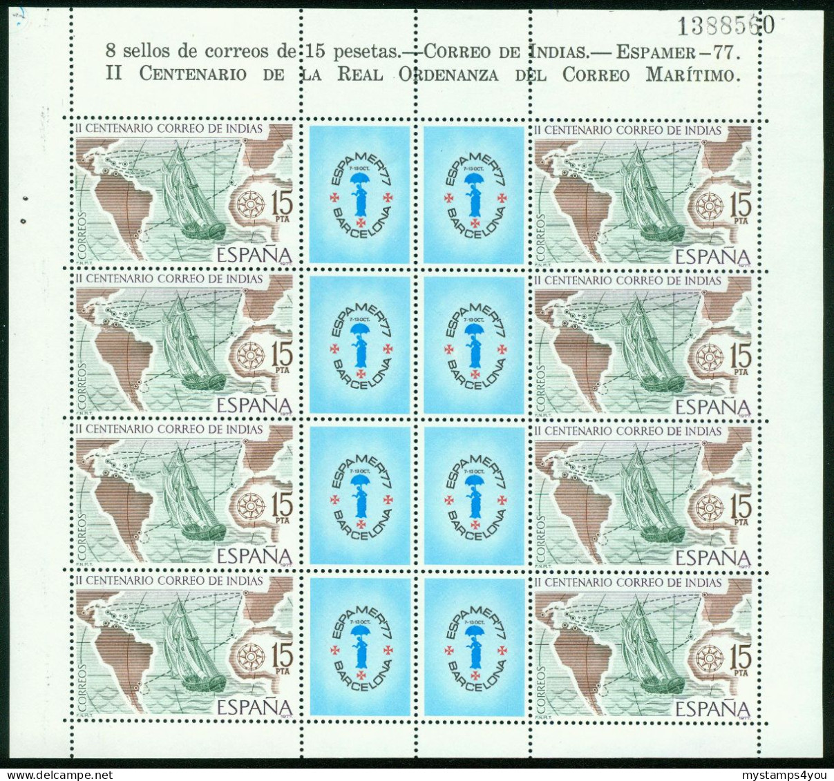 Bm Spain 1977 MiNr 2330 Kleinbogen Sheet MNH | Bicent Of Mail To The Indies. "Espamer 77" Stamp Exn Barcelona #bog-0135 - Blocks & Kleinbögen