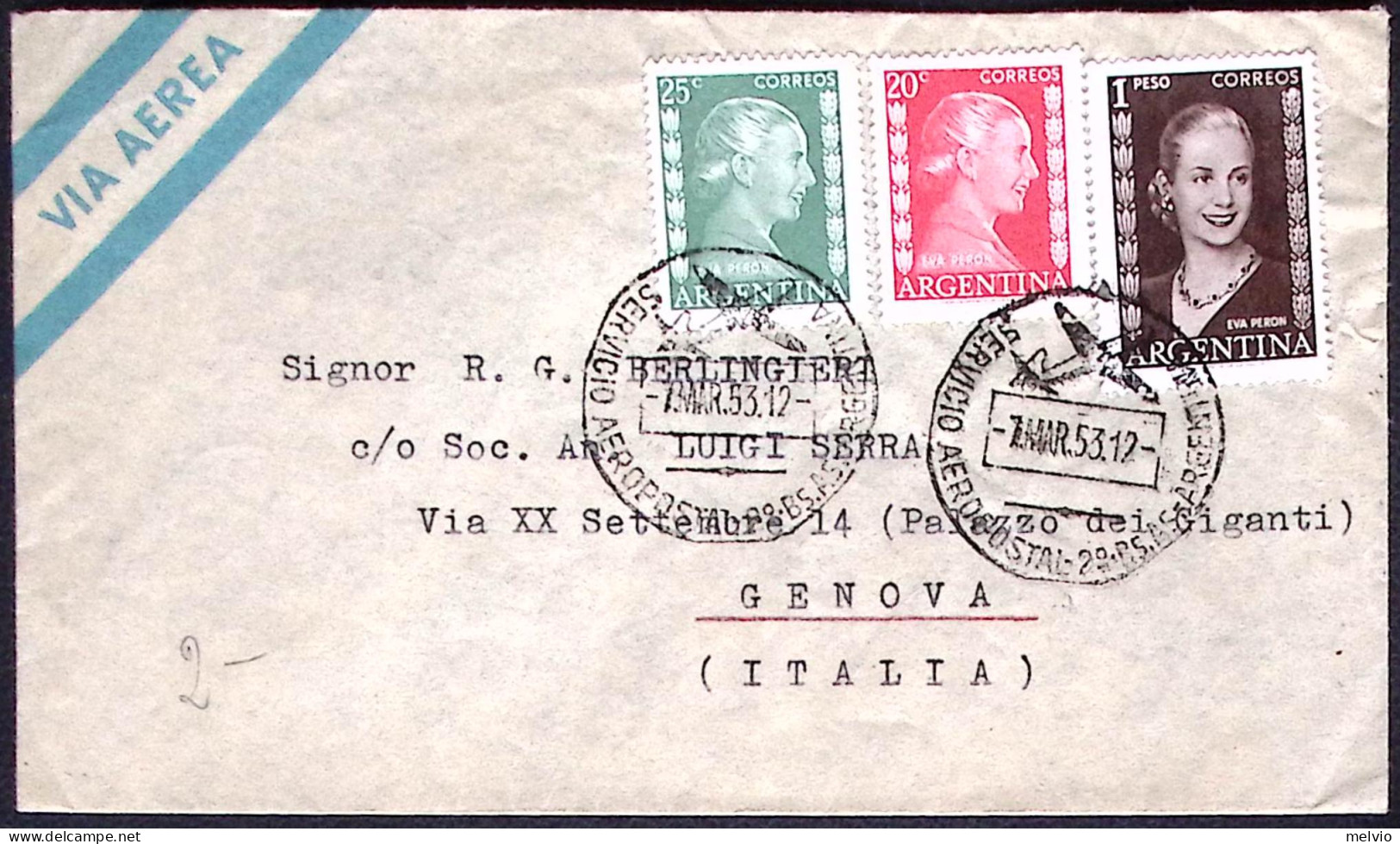 1953-Argentina Aerogramma Diretto In Italia Con Bella Affrancature Tricolore Eva - Covers & Documents