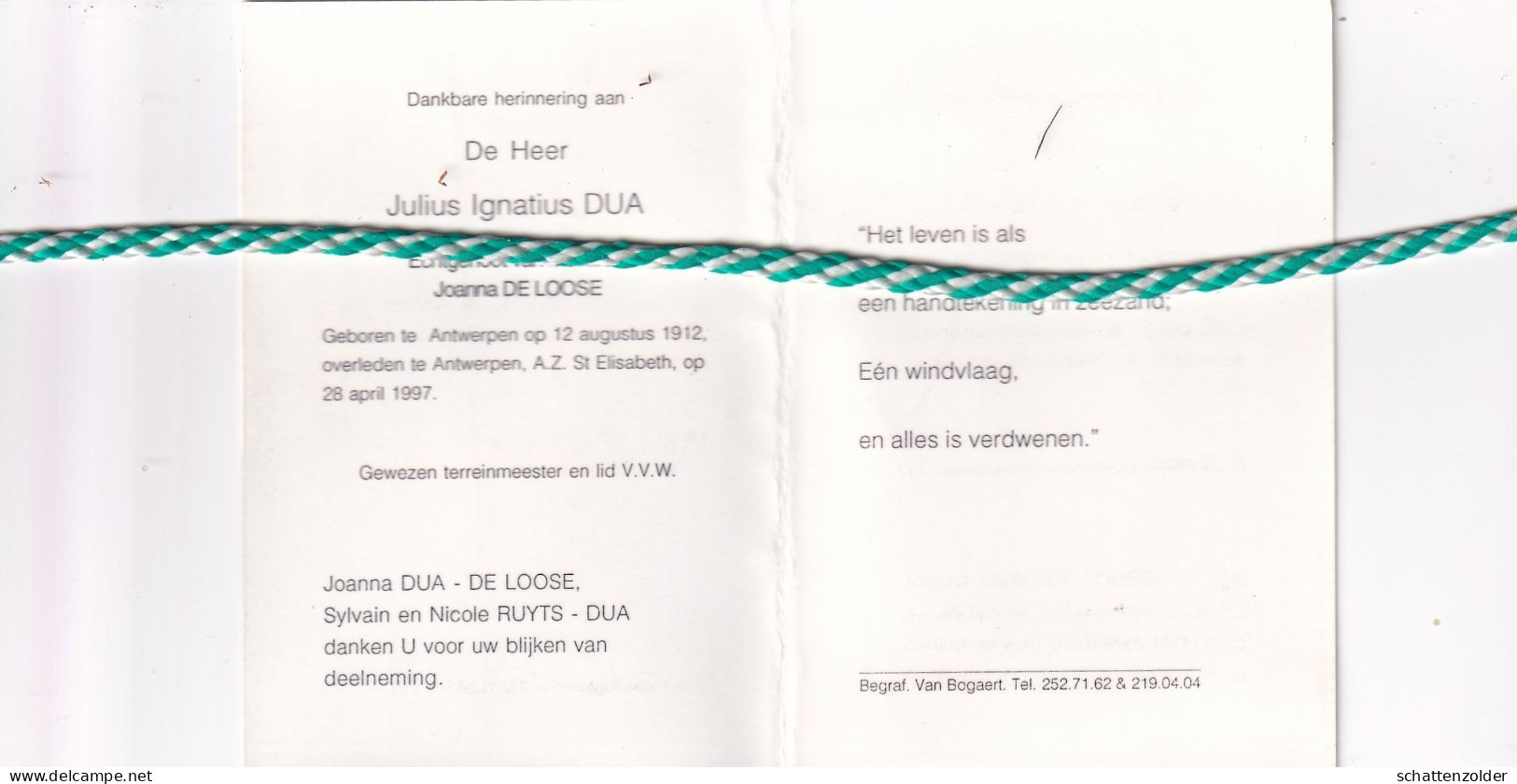 Julius Ignatius Dua-De Loose, Antwerpen 1912, 1997. Foto - Obituary Notices
