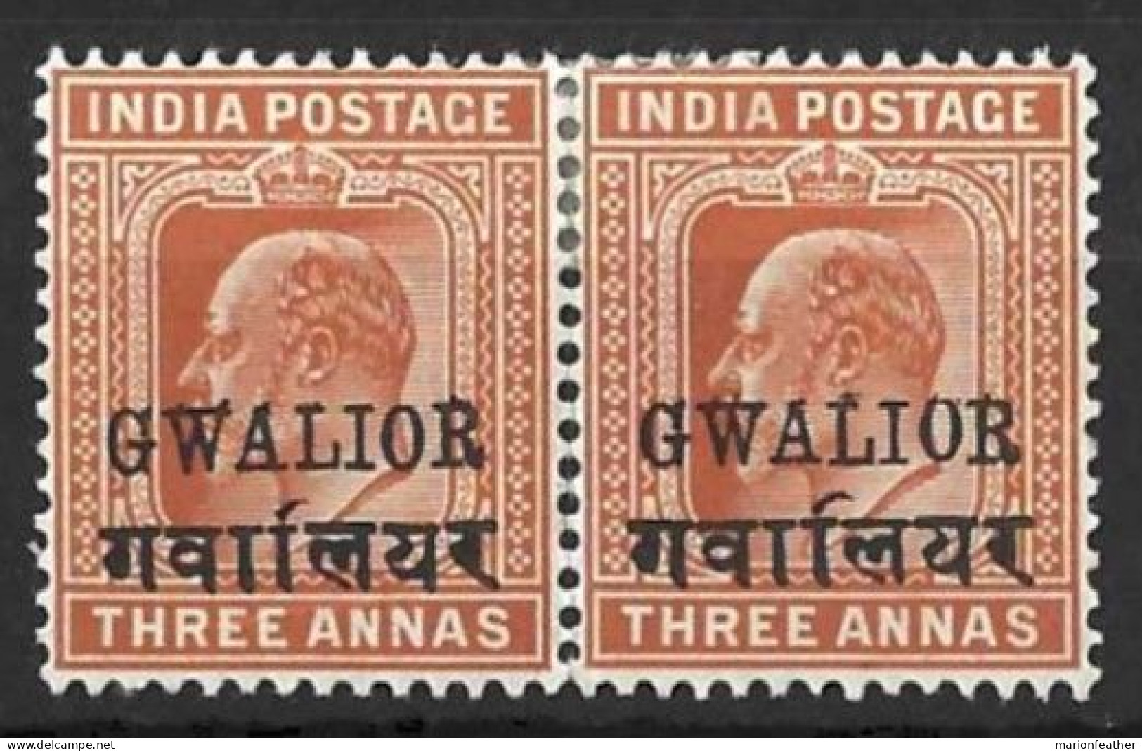 INDIA...." GWALIOR..".....KING EDWARD VI...(1901-10..).......3a X PAIR......SG53A......MH... - Gwalior