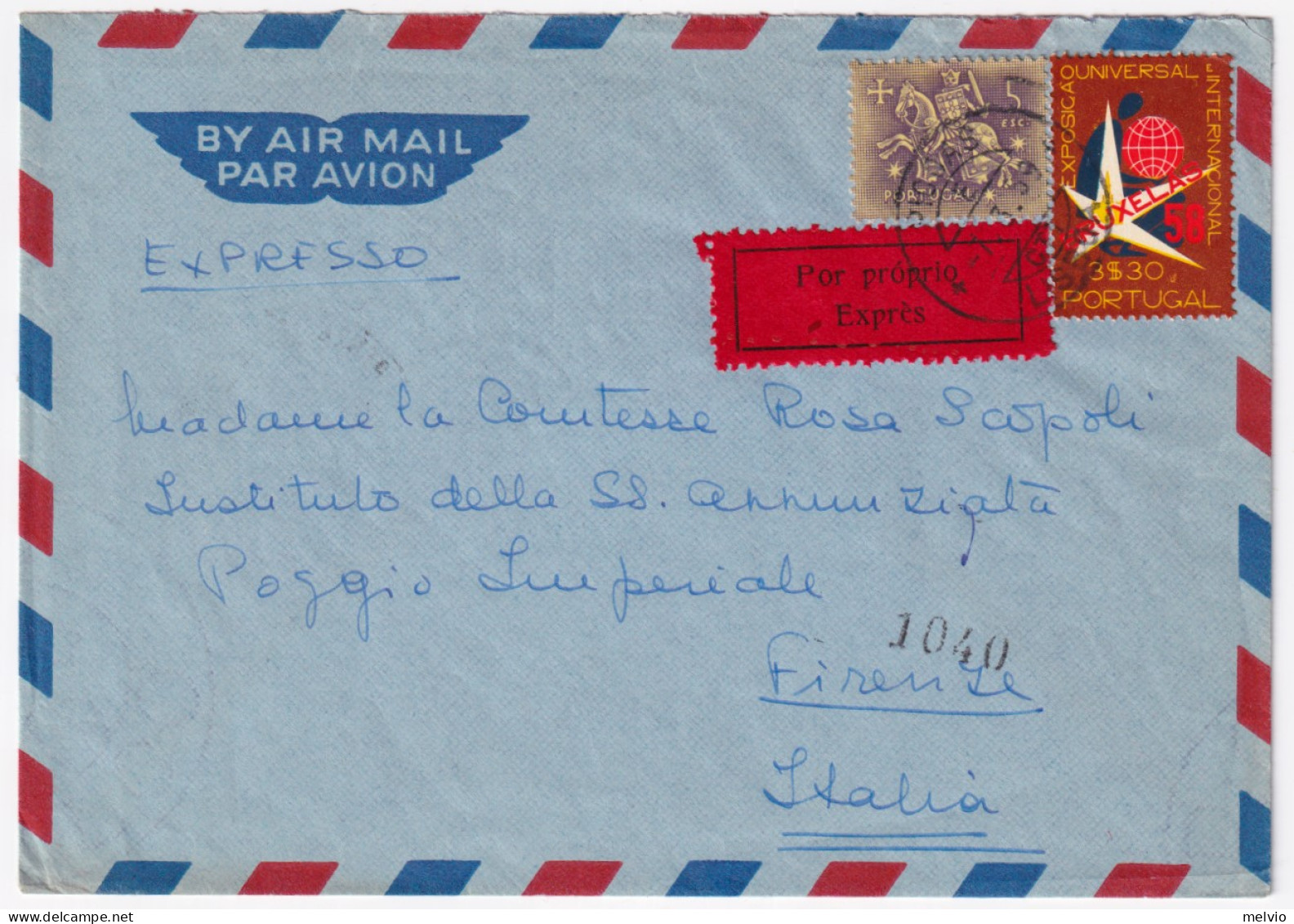 1959-PORTOGALLO Bruxelles E.3.30 + Sigillo C.5 Su Busta Aereoespresso Per Firenz - Marcophilie