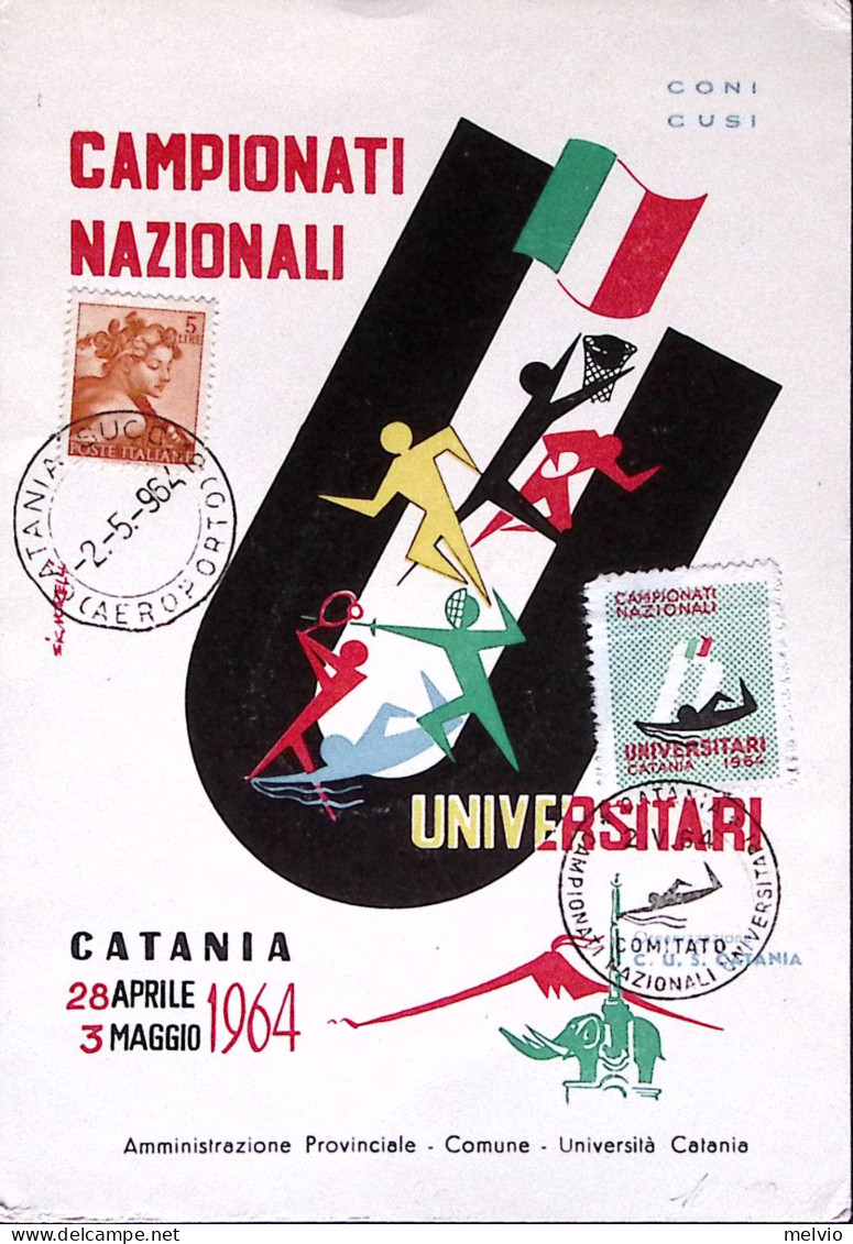 1954-CATANIA Campionati Universitari Annullo Speciale (2.5) Su Cartolina - Demonstrations