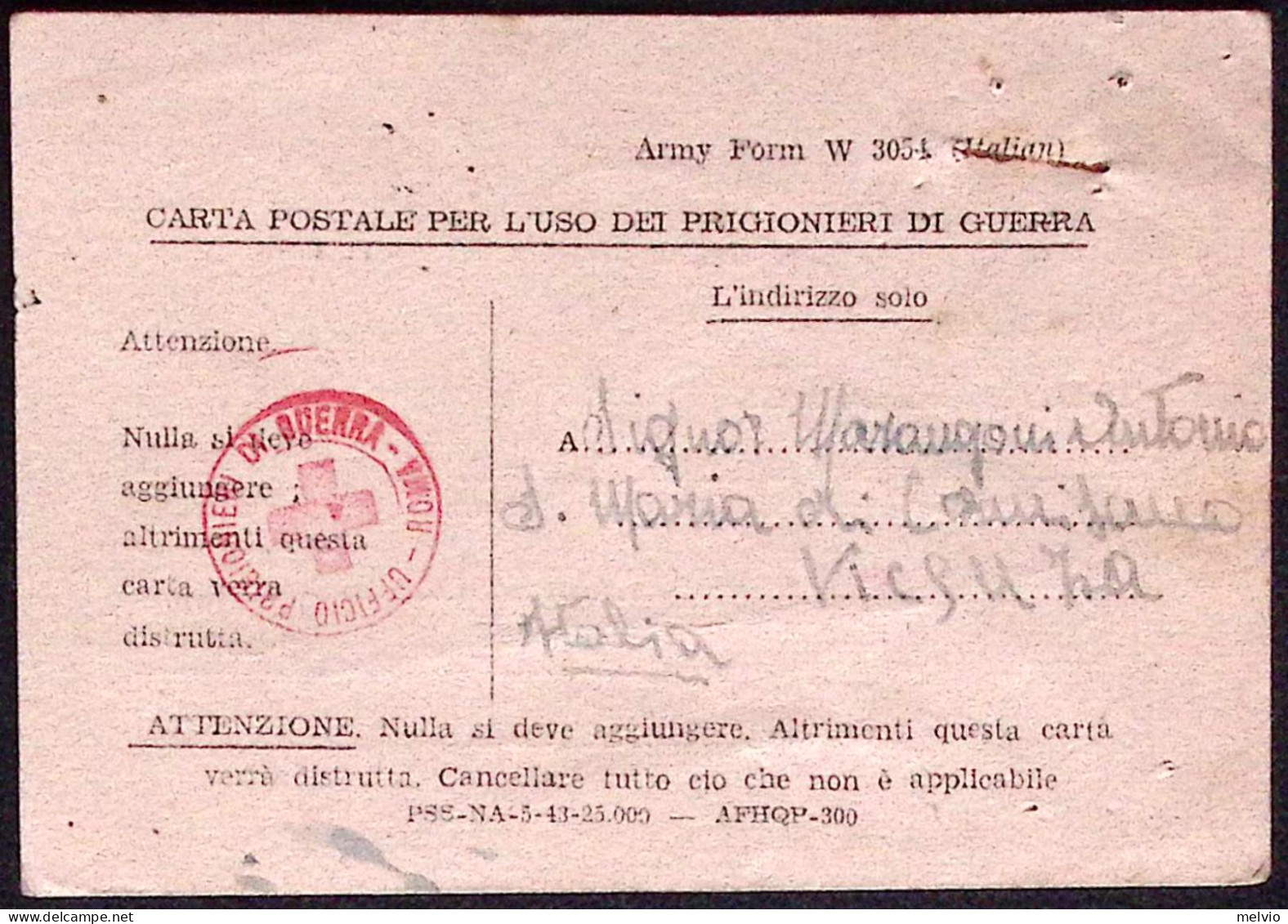 1943-Army Form W 3054 Carta Postale In Franchigia Per Uso Prigionieri Di Guerra, - Croix-Rouge