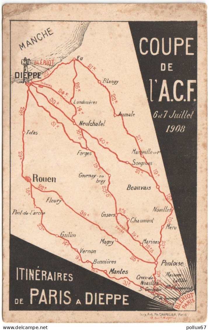 CPA AUTOMOBILES. CARTE COUPE DE L'A.C.F. (JUILLET 1908)  -  ITINÉRAIRES DE PARIS À DIEPPE - Other & Unclassified