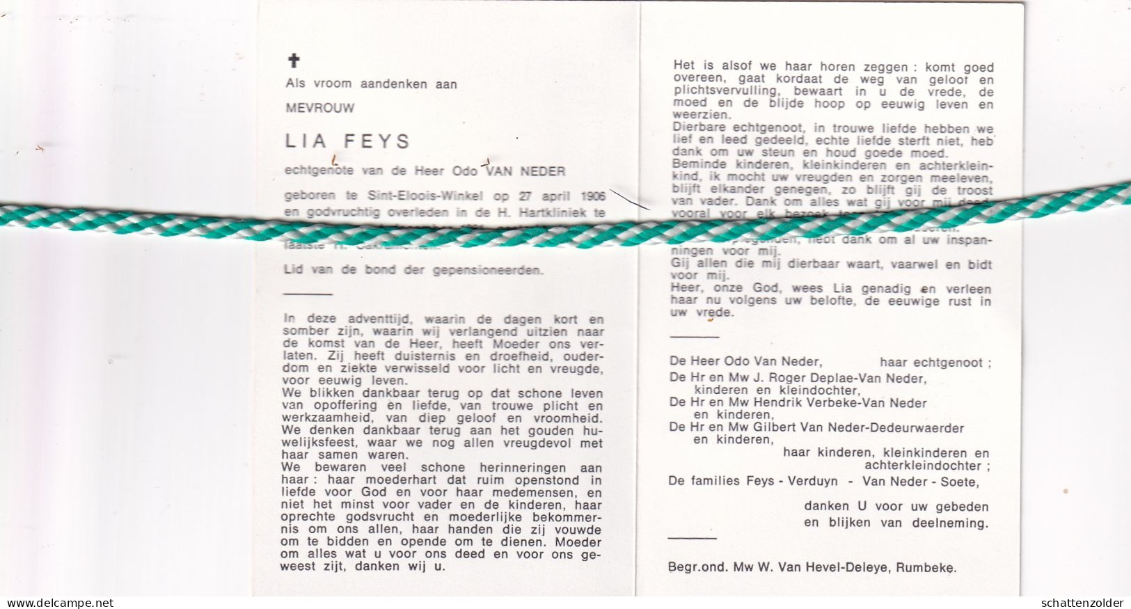 Lia Feys-Van Neder, Sint-Eloois-Winkel 1906, Roeselare 1981. - Décès