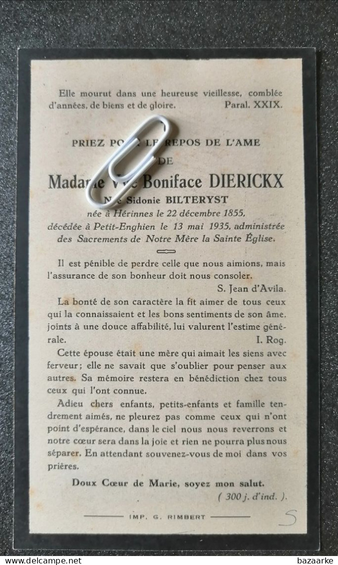 SIDONIE BILTERYST ° HÉRINNES 1855 + PETIT-ENGHIEN 1935 /  BONIFACE DIERICKX - Images Religieuses