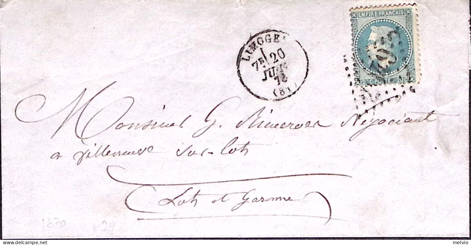1870-Francia Lettera Con Testo Affrancata 20c. Annullo A Punti Limoges - Autres & Non Classés