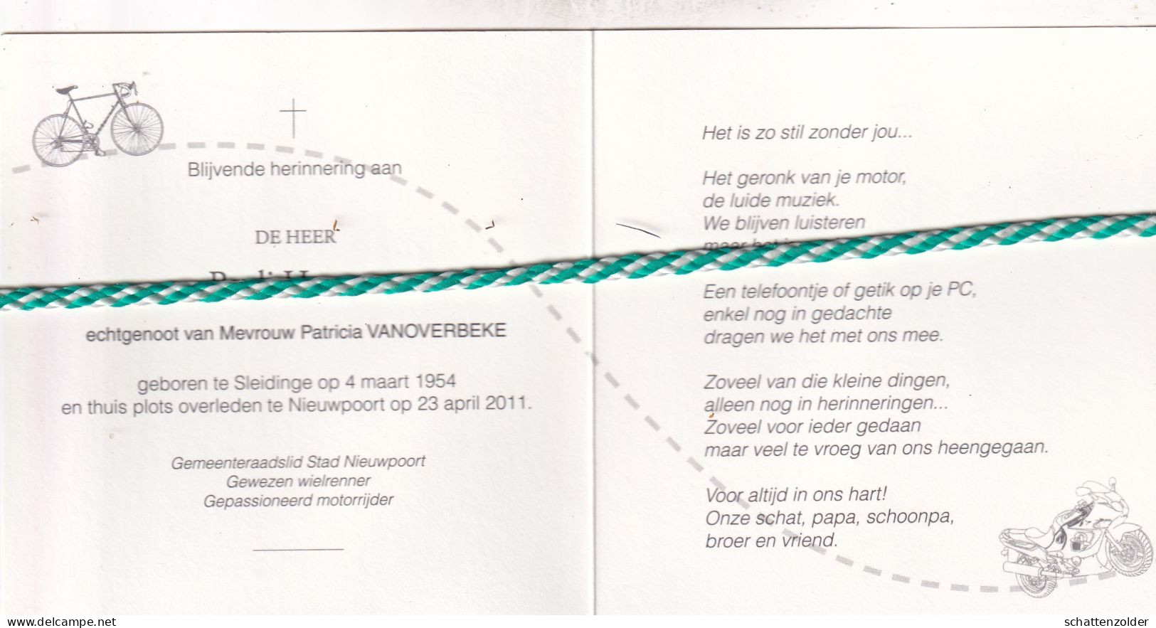 Rudi Hesters-Vanoverbeke, Sleidinge 1954, Nieuwpoort 2011. Gewezen Wielrenner, Gemeenteraadslid Nieuwpoort. Foto - Décès