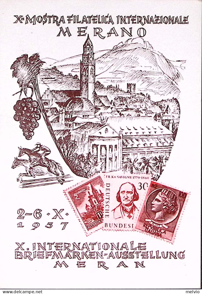 1957-MERANO X Mostra Filatelica Internazionale Annullo Speciale (5.10) Su Cartol - Exhibitions